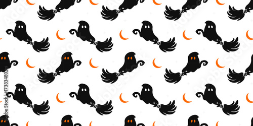Seamless Halloween pattern with spooky black ghost silhouettes riding brooms