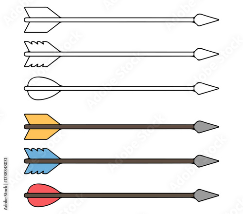 Arrow icon set. Editable vector illustration of traditional arrows in outline and colored styles. EPS archery symbol pack