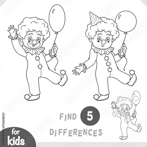 Cute boy in clown costume with balloon in hand. Spot the differences game for kindergarten and preschool children. Black and white coloring page about masquerade