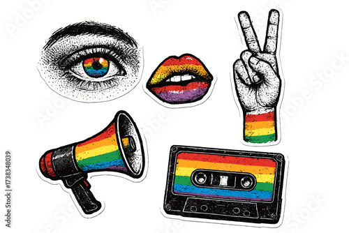 LGBTQ pride month vector sticker set. Grunge halftone collage. Rainbow flag eye, lips, peace hand sign, and megaphone for protest, equality, and support. Nostalgic vintage cassette.