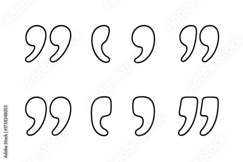 Quote marks icon vector set. Quotemarks outline, speech marks, inverted commas, talking marks collection. Line art for citation, dialogue, testimonials, punctuation symbol.