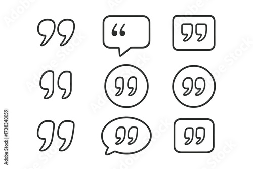 Quote marks icon vector set. Quotation, speech marks, comma, citation symbols. Line art collection for comment, message, dialogue, testimonial, feedback. Isolated illustration.