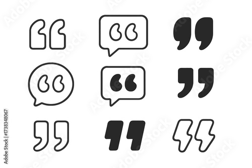 Quote marks icon vector collection. Quotation, speech marks, inverted commas symbol set. Line art, glyph illustration for dialogue, talking, citation, comment, and feedback.