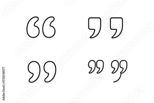 Quotes icon vector collection. Quotemarks outline and speech marks symbol. Inverted commas or talking marks sign for communication, dialogue, and citation. Line art set.
