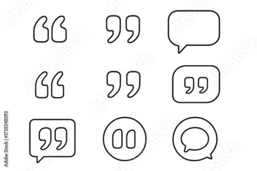 Quotes icon vector set. Quotemarks outline, speech marks, inverted commas, talking marks collection. Line art illustration. Chat bubble for dialogue, comment, message.