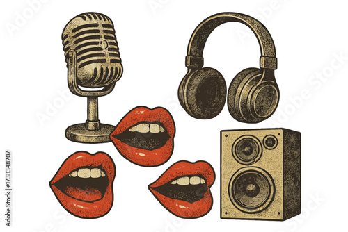 Retro music karaoke halftone collage set with vintage microphone, headphones, singing mouths, and audio speakers. Trendy nostalgic dotted grunge vector illustration for disco party.