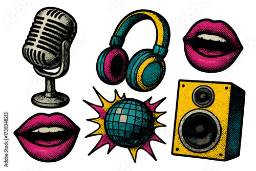 Retro music pop art collage set with halftone microphone, disco ball, headphones, speaker, lips. Nostalgic 80s 90s party elements for karaoke night or concert poster design.
