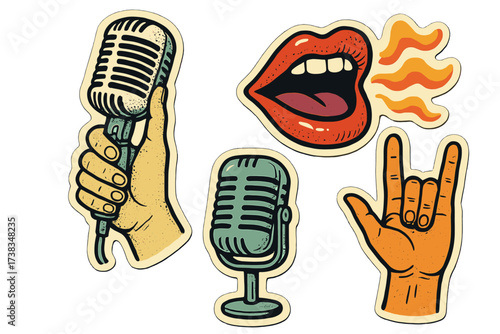 Retro groovy music collage elements set. Vintage vector stickers with microphone, hand holding mike, singing lips, rock gesture. 70s pop art style for concert or festival.