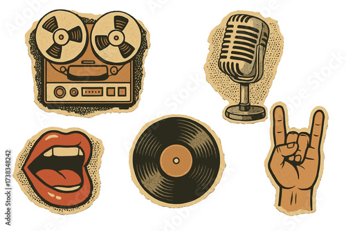 Retro music sticker set on torn paper with halftone dots. Collage elements collection: audio tape recorder, vintage microphone, singing mouth, vinyl record, and rock hand gesture.