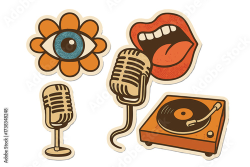 Retro groovy music collage elements. Vintage 70s vector sticker set with mouth singing to microphone, psychedelic eye in flower and record player. Pop art audio icons pack.