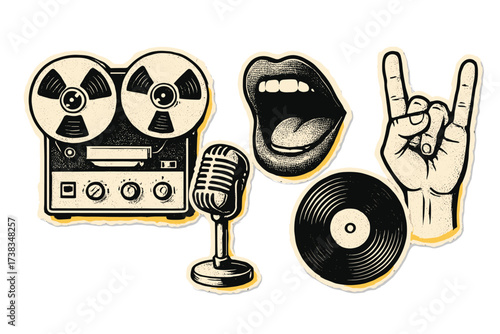 Retro music sticker pack. Torn paper collage elements set. Vintage audio. Reel-to-reel tape recorder, microphone, singing mouth, vinyl record, rock on hand sign. Halftone.
