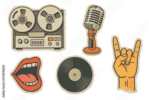 Retro music sticker set. Vintage rock and roll collage. Audio reel-to-reel tape recorder, microphone, singing mouth, vinyl record, and rock hand sign illustration vector.