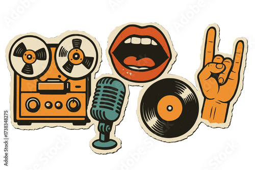 Retro music sticker set. Vintage audio collage. Torn paper effect. Reel-to-reel tape recorder, old microphone, singing mouth, vinyl record, rock hand. Halftone dot print.