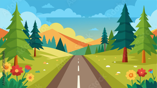 A serene drive through the countryside with patches of bright wildflowers and a grove of tall pine trees on either side of the road.