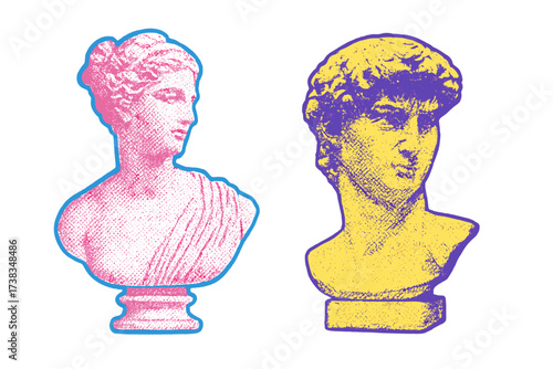 Vector set of antique statue busts in 90s retro pop art style. Halftone funky stickers of Renaissance and Greek sculptures. Duotone risograph illustration of David and Venus.