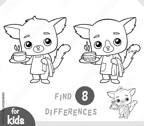Cute cat waiter with coffee mug on a tray. Spot the differences game for kindergarten and preschool children. Black and white coloring page for kids about professions