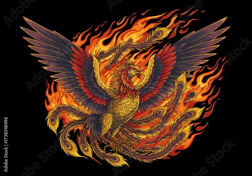 Majestic Phoenix Rising Amidst Flames Detailed Illustration.