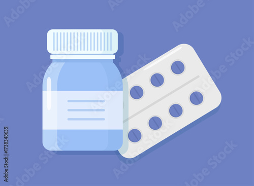 Packaging with medical tablets in a blister and in a closed bottle with a label mockup. Illustration with a set of pharmacy products. Design for pharmacies and pharmaceuticals