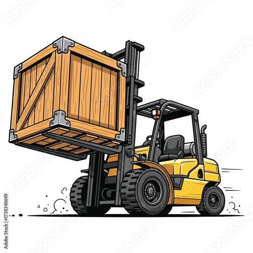 Dynamic yellow forklift expertly lifting a large wooden crate, symbolizing efficient logistics and cargo handling in industrial settings.