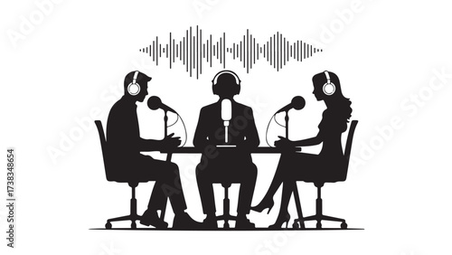 Silhouette of three people recording a podcast sitting at a table with microphones vector illustration for media and communication concepts