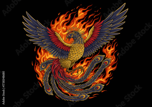 Majestic Phoenix Rising from Flames with Detailed Feather Design.