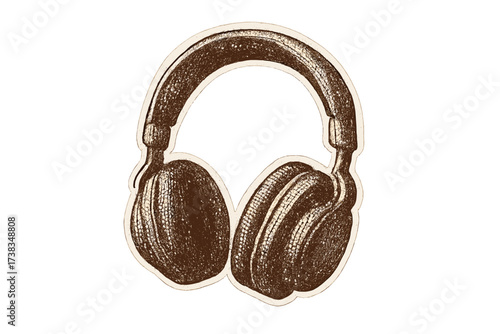 Retro headphones sticker in halftone engraving style. Vintage audio equipment for music, podcasts, dj. Grunge punk collage element with dotted texture. Listen to sound concept.