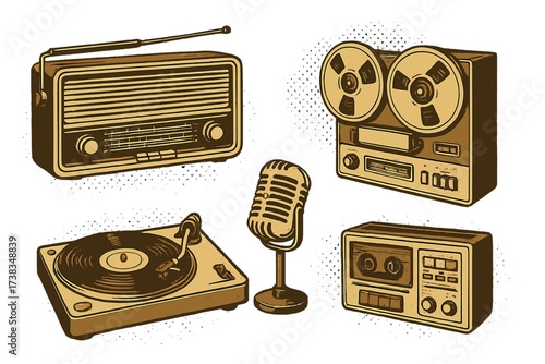 Vintage music collection of retro audio equipment. Set includes radio, vinyl record player, microphone, reel-to-reel tape recorder, and cassette. Dotted halftone vector.
