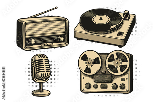 Vintage music equipment set. Retro radio, vinyl record player, turntable, microphone, reel-to-reel tape recorder. Analog audio technology illustration with halftone effect.