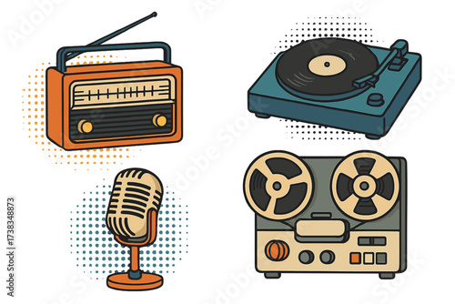 Retro music equipment set. Vintage audio collection with radio, vinyl record player, microphone, reel-to-reel tape recorder. 70s 80s pop art halftone vector illustration.