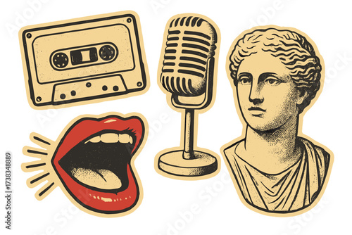 Retro music collage set. Vintage halftone paper cut-out elements. Audio cassette, microphone, singing mouth, antique statue. Pop art vector illustration for podcast or poster.