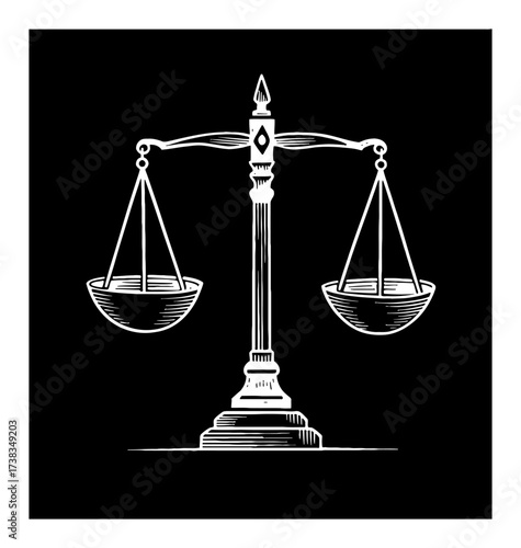 Detailed Classic Scale of Justice Symbol of Equal Balance Black and White Outline Line Art Drawing