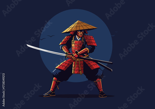 Red Armored Samurai Warrior with Straw Hat and Swords.