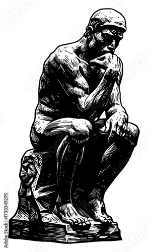 Thinker Statue Classic Sculpture Rodin Black and White Outline Line Art Drawing Vector Isolated