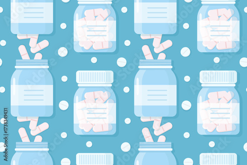 Seamless pattern using Medicine Bottles and pills. Medical background for printing on textiles and packaging. Colorful medical background for healthcare, pharmaceuticals, medicine design, pharmacies