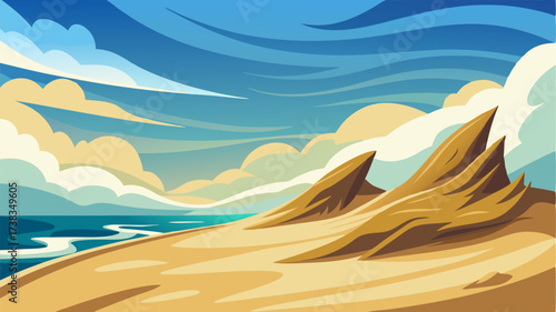 A windswept coastal landscape with sand dunes shaped by the relentless force of the ocean breeze.