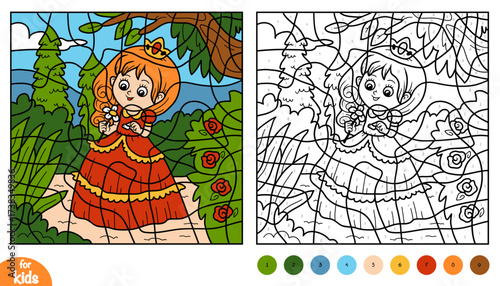 Cute cartoon princess and flower on background of royal garden. Color by number page for kids. Educational activity game for preschool and kindergarten children to learn numbers and colors