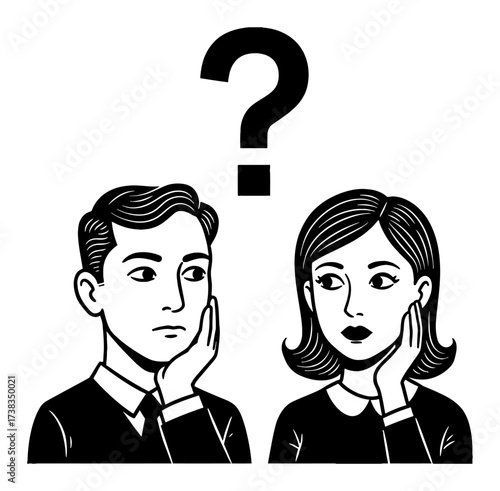 Doubtful Man and Woman Thinking with Question Mark Above Heads Black and White Outline Line Art Drawing