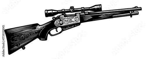 Detailed Vintage Rifle with Scope and Engraving Black and White Outline Line Art Drawing