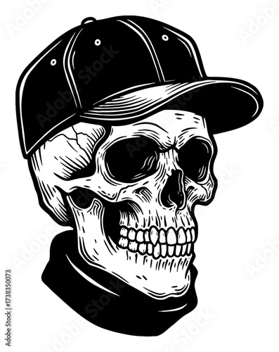 Detailed Human Skull Wearing a Baseball Cap and Bandana Black and White Outline Line Art Drawing
