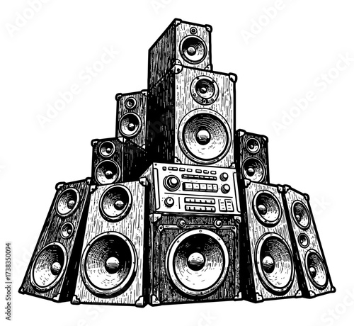 Stacked Loud Speakers Music System Mountain Black and White Outline Line Art Drawing Engraving Style