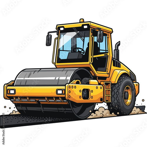 Powerful yellow road roller compacting asphalt on construction site, essential heavy machinery for infrastructure projects