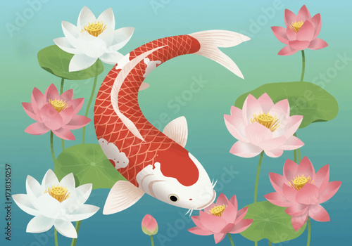 Elegant Koi Fish Swimming Among Lotus Flowers Illustration.
