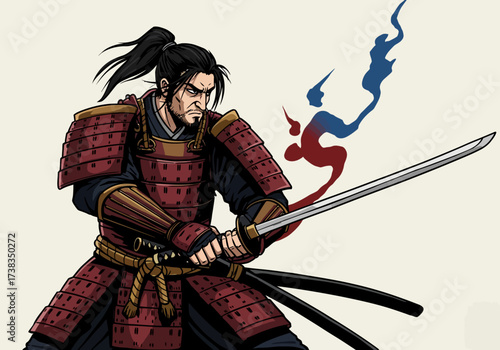 Illustrated Samurai Warrior in Red Armor with Katana.