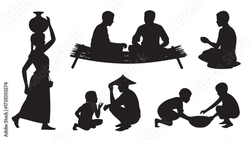 Silhouettes of rural Asian people including farmers and villagers in various activities vector illustration isolated on white