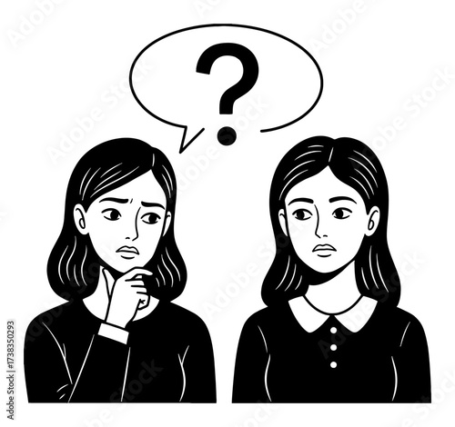 Two Doubtful Women Thinking Question Mark Speech Bubble Concept Black and White Outline Line Art Drawing