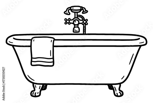 Classic Clawfoot Bathtub with Faucet and Towel Black and White Outline Line Art Drawing Vector Illustration