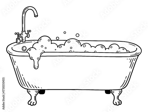Classic Clawfoot Bathtub Overflowing Foams Faucet Tap Vintage Black and White Outline Line Art Drawing