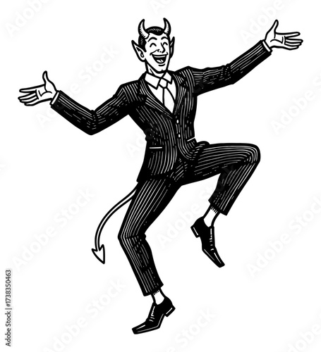 Joyful Devil Dancing in a Black Suit Detailed Cartoon Style Black and White Outline Line Art Drawing