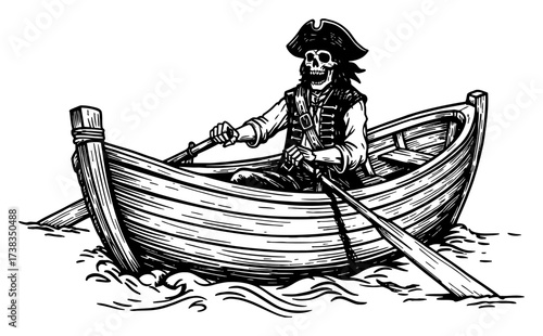 One Pirate Skeleton Rowing Boat Vintage Black and White Outline Line Art Drawing Vector Illustration