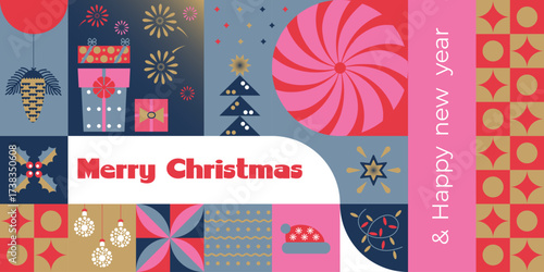 Merry Christmas and Happy New Year. A modern abstract geometric background with a set of minimalistic Christmas symbols and pictographs. Fashionable design for banners, postcards, covers, packaging